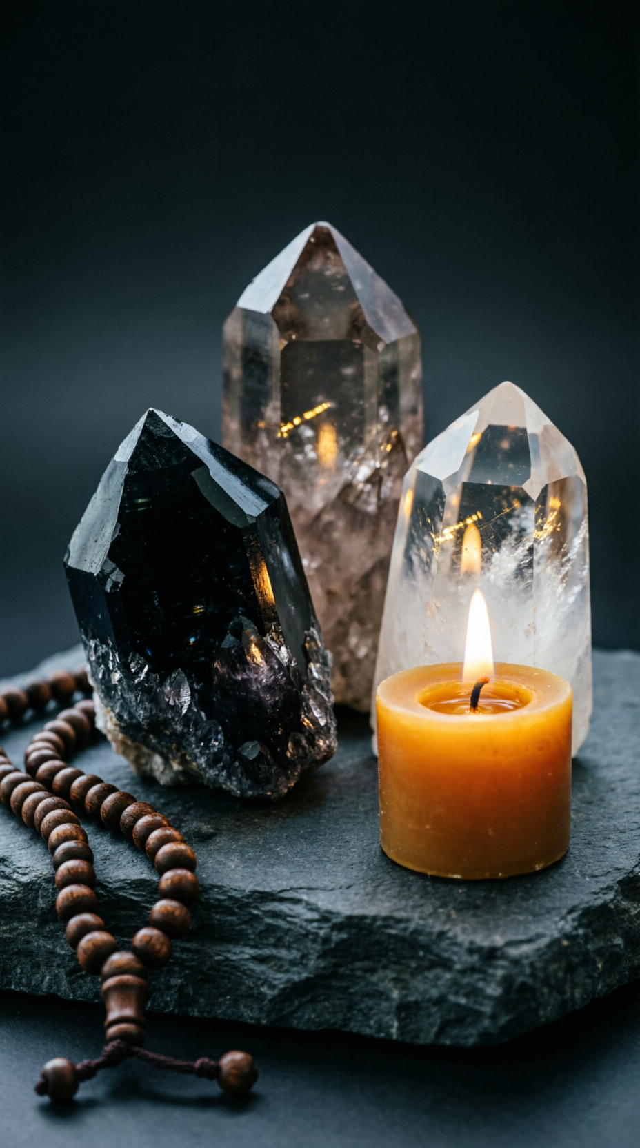 Cristais com vela em ambiente escuro