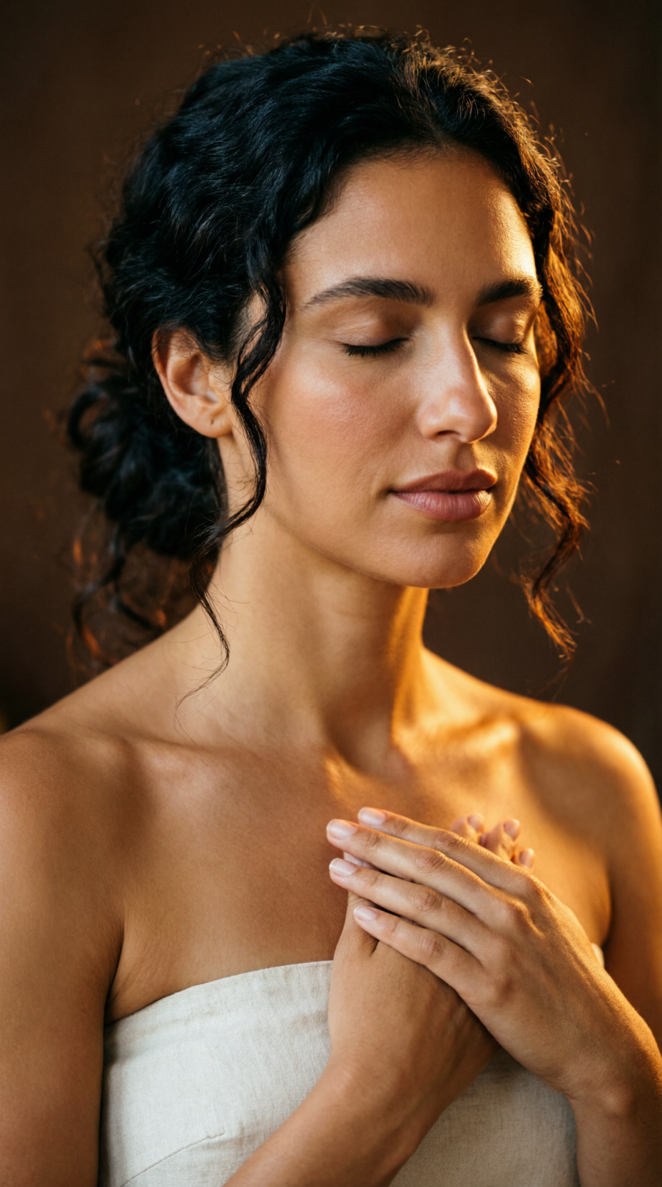 Mulher com mãos no coração, olhos fechados